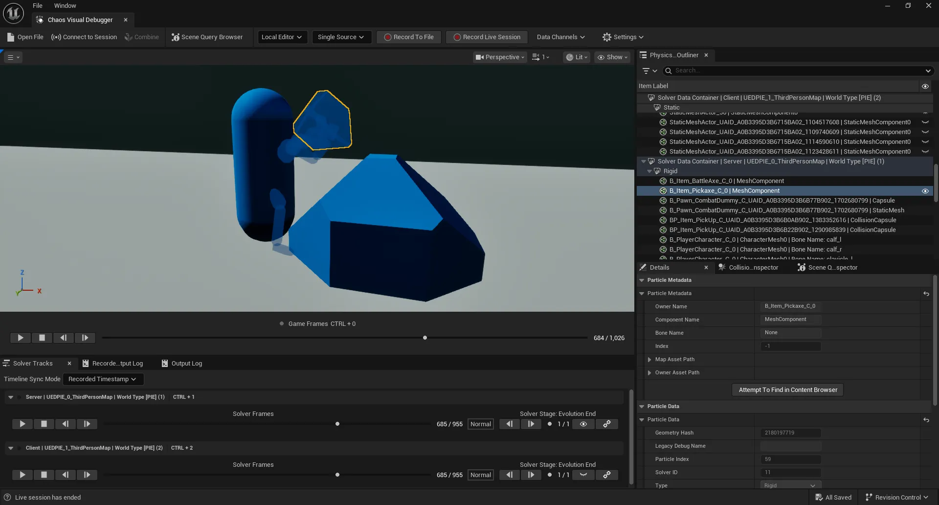 Chaos Visual Debugger showing equipment physics body on the server